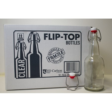 16 Oz Clear Flip-Top Bottles With Caps Included, 12/Case