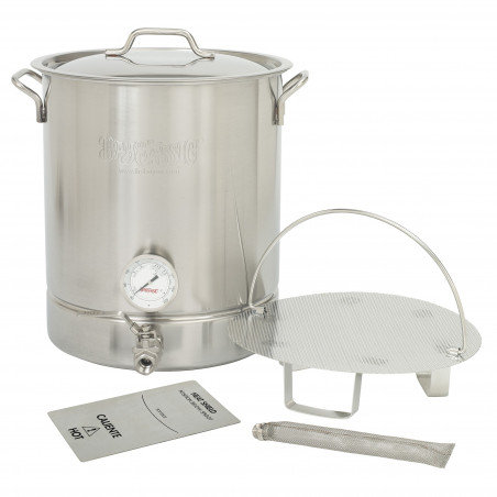 Bayou Classic 6 pc. Premium Brew Kettle Set - Tri-Ply Stainless Stockpot, Lid, Spigot, Thermometer, False Bottom, Filter Screen